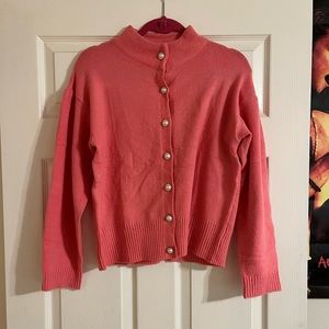 Pink knit cardigan pearlescent rhinestone detail buttons